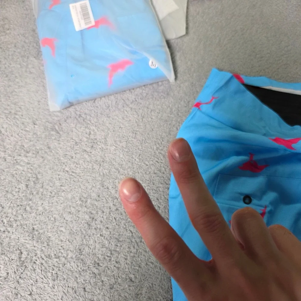 Mens M Swim Trunks x2 Pack Blue Pink Dolphin Print Lined Pockets Beach Shorts